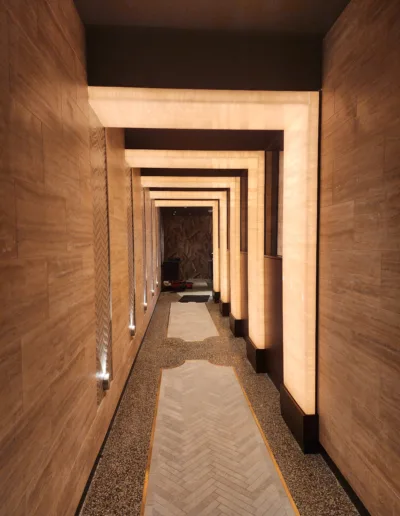 A hallway with a wooden floor and wooden walls.